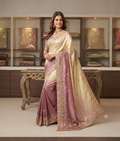 Onion pink & Cream Silk Saree with Zardozi and Thread Work