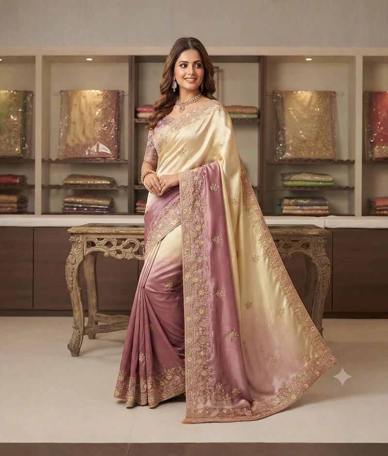Onion pink & Cream Silk Saree with Zardozi and Thread Work