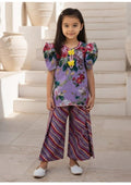Girls Purple Floral Print Top with Multicolor Striped Palazzo Pants Set | Ethnic-Fusion Co-Ord