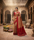 Orange Tanchhui silk saree with green, brown and pink zig-zag pattern