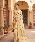 Cream crepe silk saree with thread embroidery
