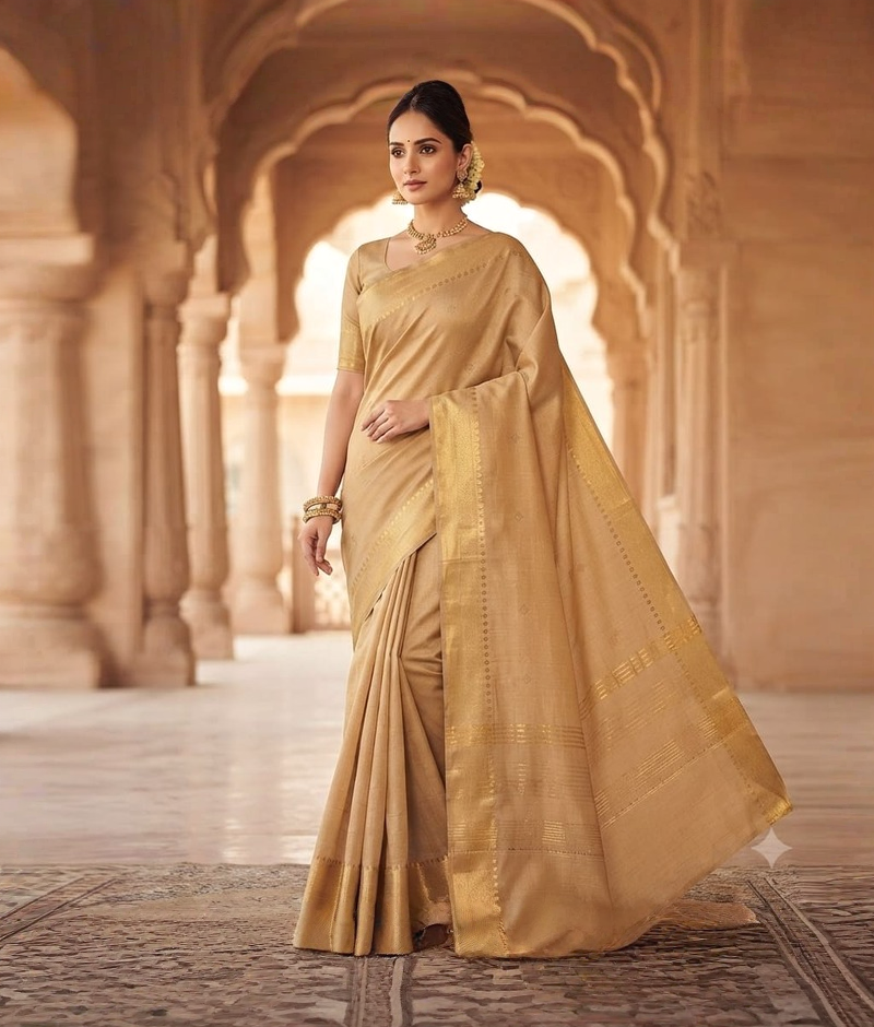 Beige Munga silk saree with zari weaving