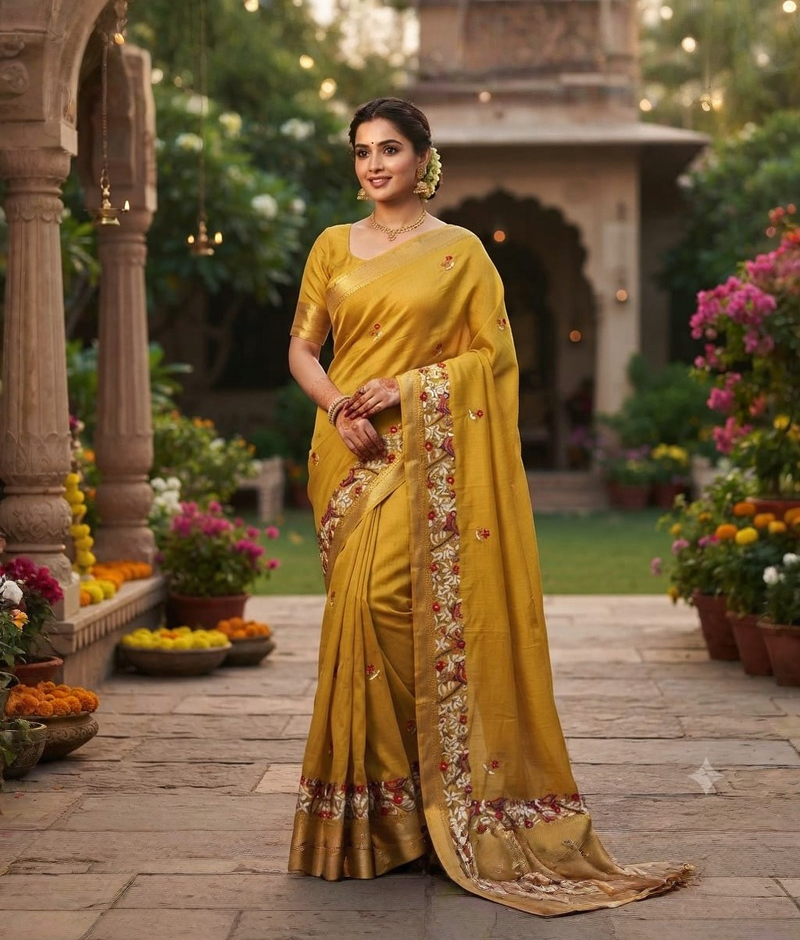 Yellow Munga silk saree with thread embroidery and thread work