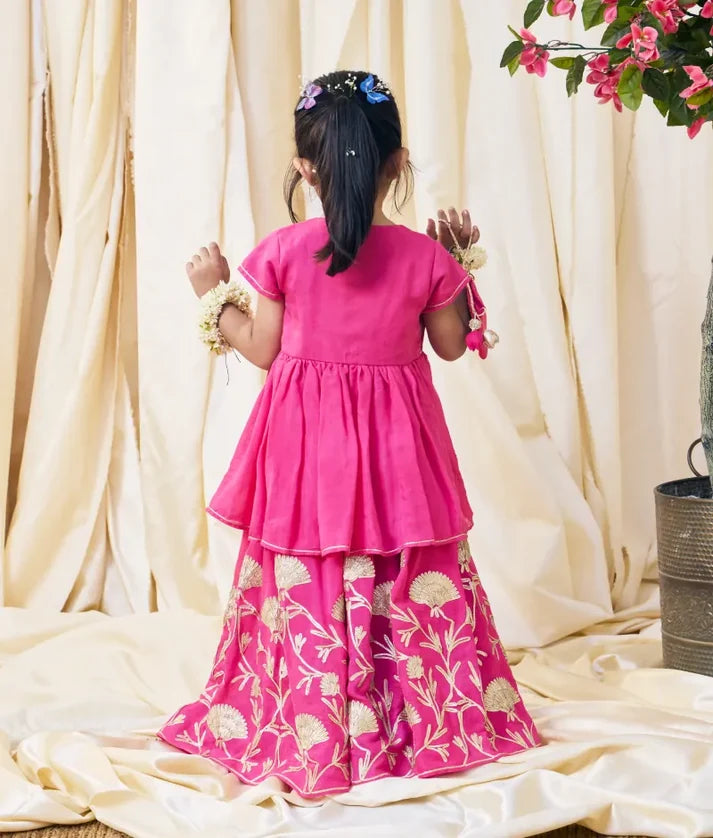 Pink Gota Tulip Embroidered Long Choli Lehenga Set