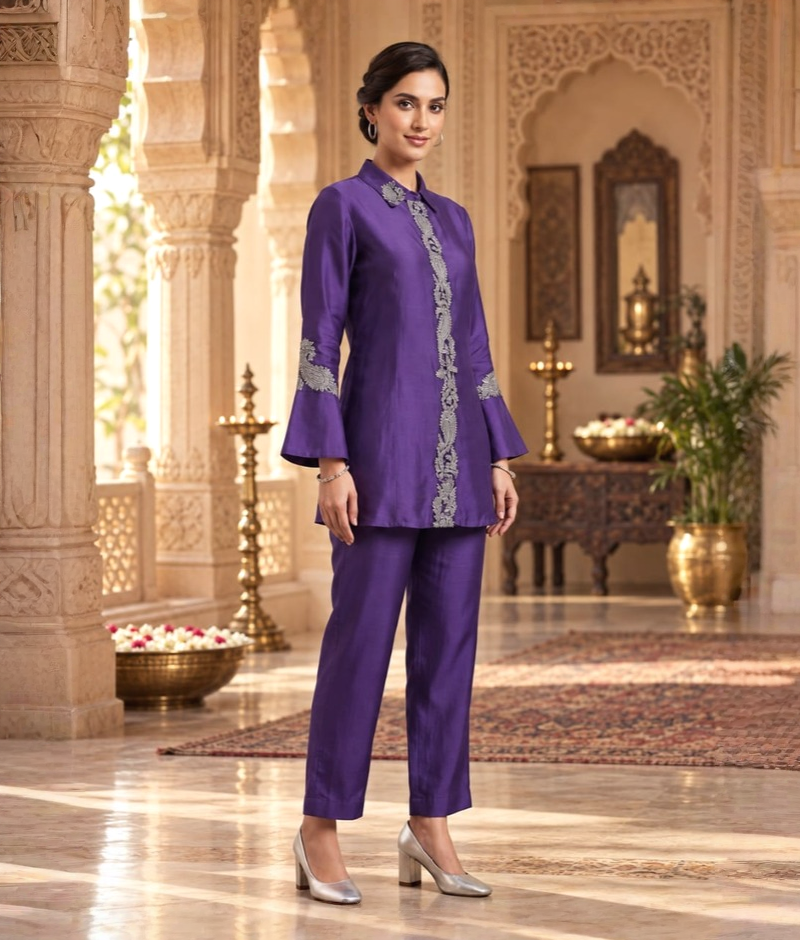 Purple Chanderi Silk Katdana & Zari Pitta Work Bell Sleeve Coord Set