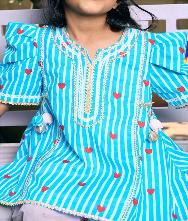 Blue Heart & Stripe Printed Kurti with Pink Farshi Salwar