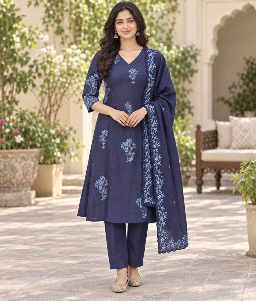 Dark Blue Chanderi Silk Suit with Floral Thread Work & Chanderi Dupatta