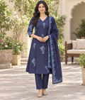 Dark Blue Chanderi Silk Suit with Floral Thread Work & Chanderi Dupatta