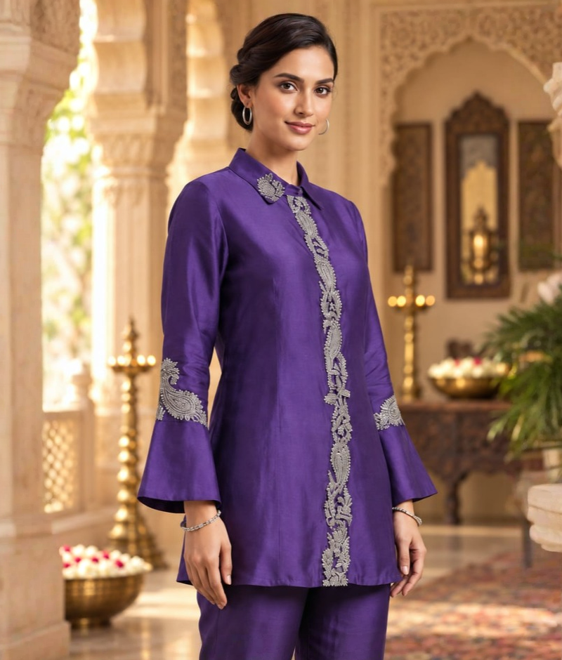 Purple Chanderi Silk Katdana & Zari Pitta Work Bell Sleeve Coord Set