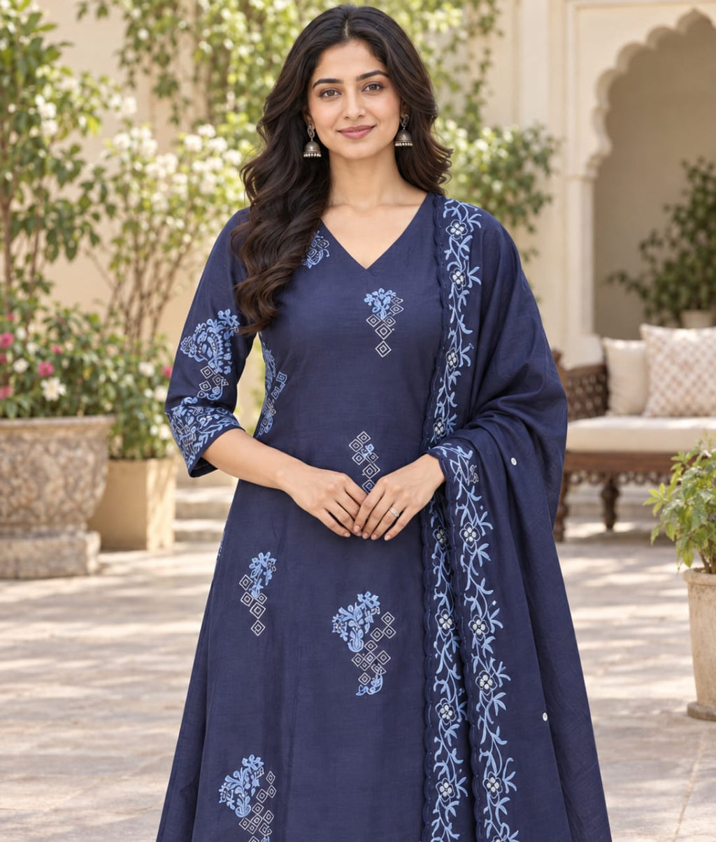 Dark Blue Chanderi Silk Suit with Floral Thread Work & Chanderi Dupatta