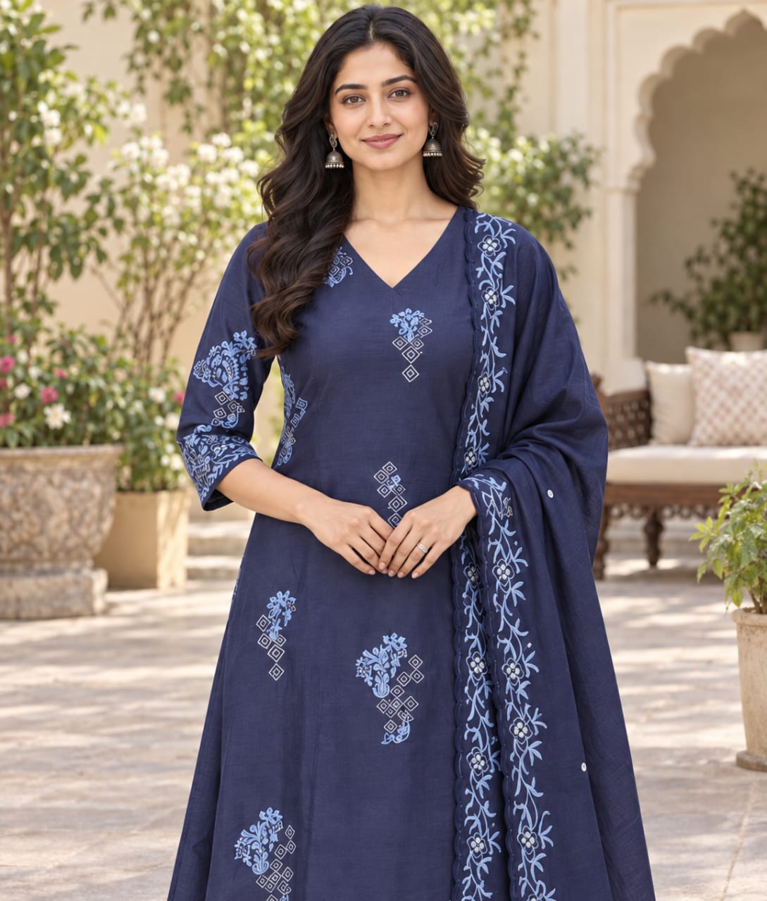 Dark Blue Chanderi Silk Suit with Floral Thread Work & Chanderi Dupatta