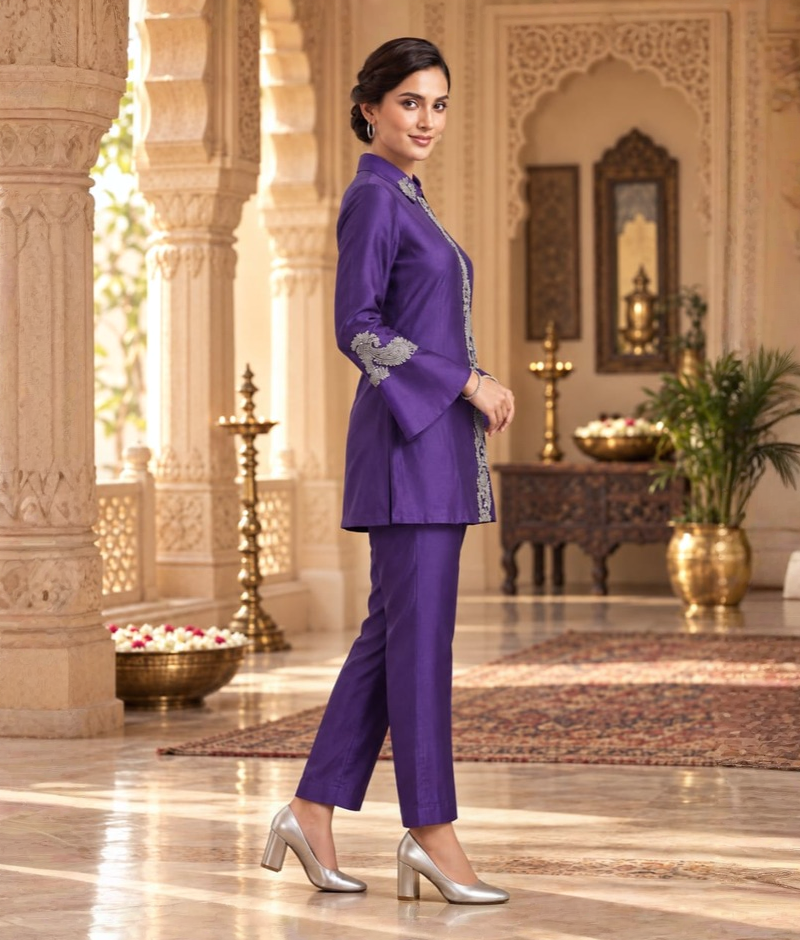 Purple Chanderi Silk Katdana & Zari Pitta Work Bell Sleeve Coord Set