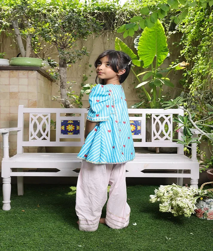 Blue Heart & Stripe Printed Kurti with Pink Farshi Salwar