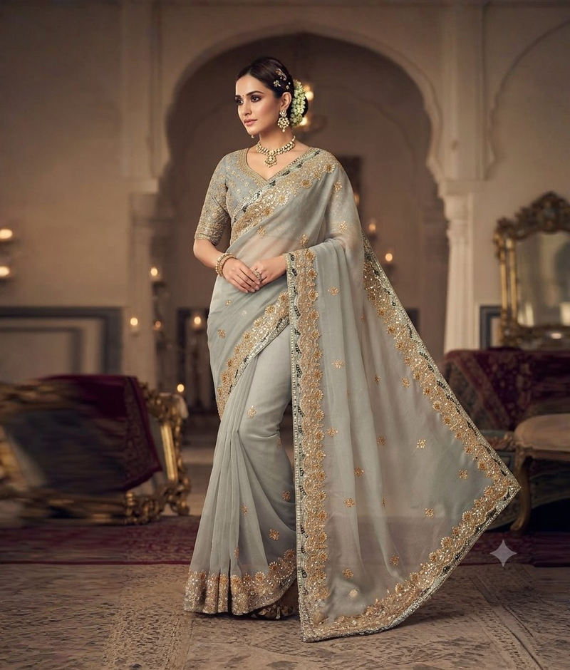 Grey tissue georgette saree with gota patti, sequence and katdana work