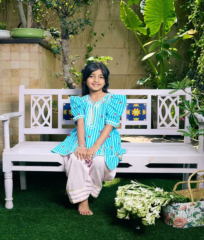 Blue Heart & Stripe Printed Kurti with Pink Farshi Salwar
