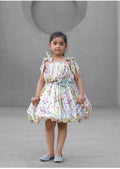 Girls Floral Party Wear Frock | Princess Style Printed Dress with Bow & Flower Waist Belt