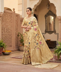 Beige crepe silk saree with thread work and zari weaving border