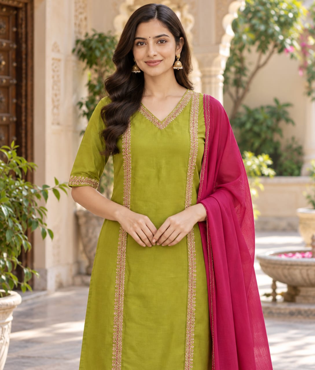 Green Organza Suit with Meenakari Work & Chanderi Silk Dupatta