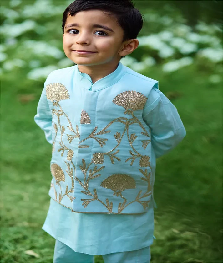 Blue Gota Tulip Embroidered Jacket Set
