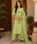 Green Mull Cotton Suit with Thread Work & Mull Cotton Dupatta