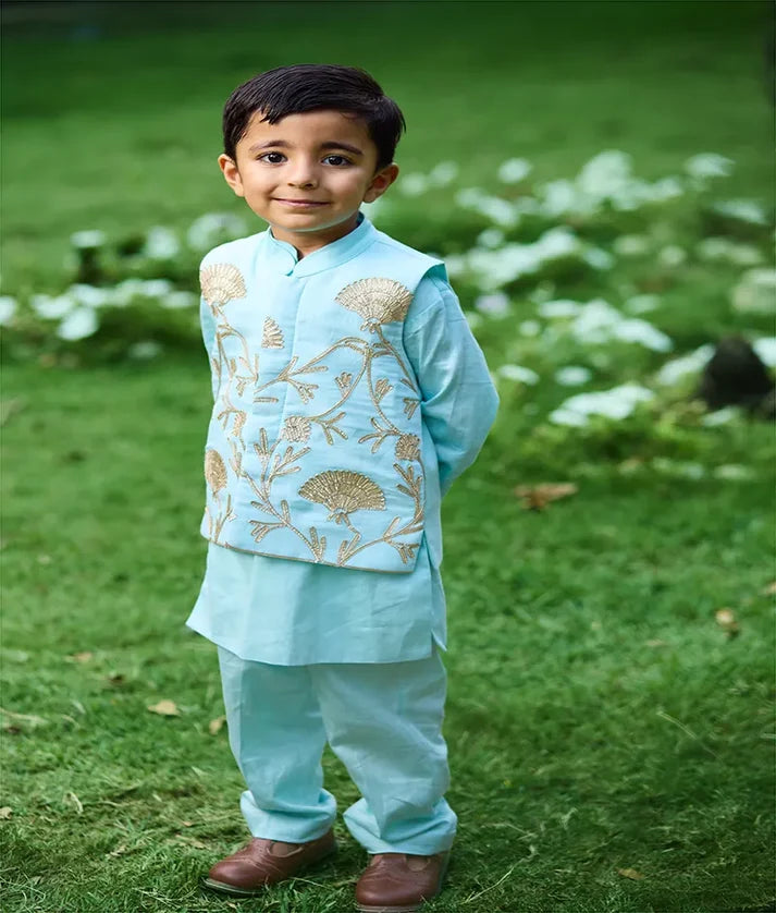 Blue Gota Tulip Embroidered Jacket Set