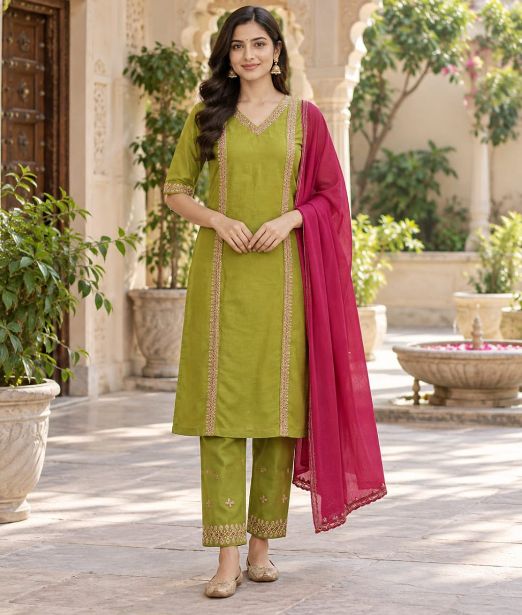 Green Organza Suit with Meenakari Work & Chanderi Silk Dupatta