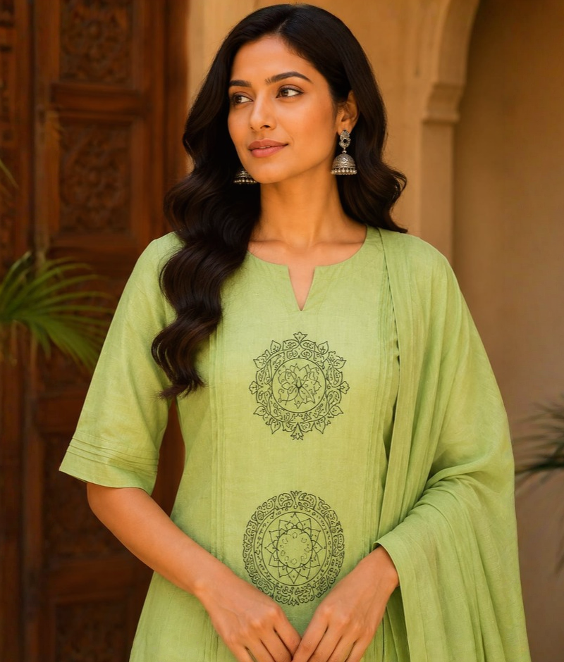 Green Mull Cotton Suit with Thread Work & Mull Cotton Dupatta