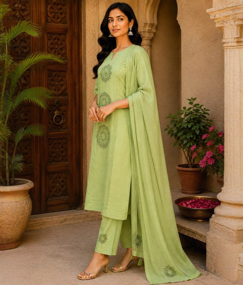 Green Mull Cotton Suit with Thread Work & Mull Cotton Dupatta
