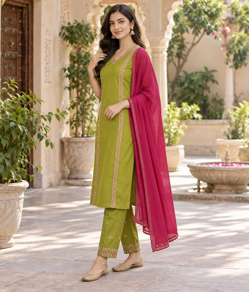 Green Organza Suit with Meenakari Work & Chanderi Silk Dupatta