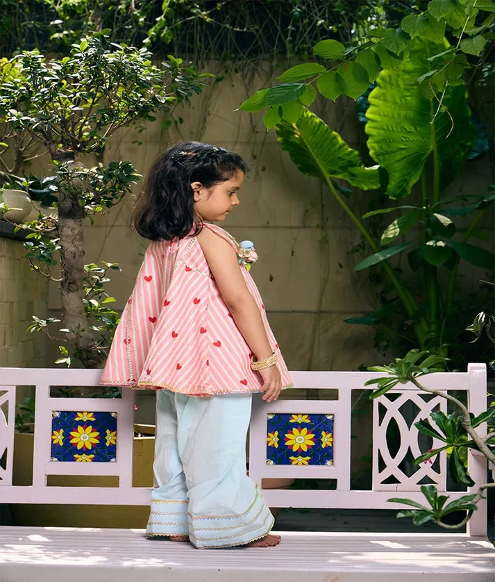 Peach Heart & Stripe Printed Kurti with Blue Farshi Salwar