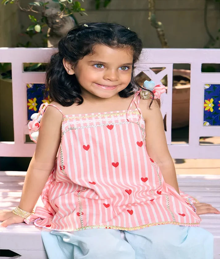 Peach Heart & Stripe Printed Kurti with Blue Farshi Salwar