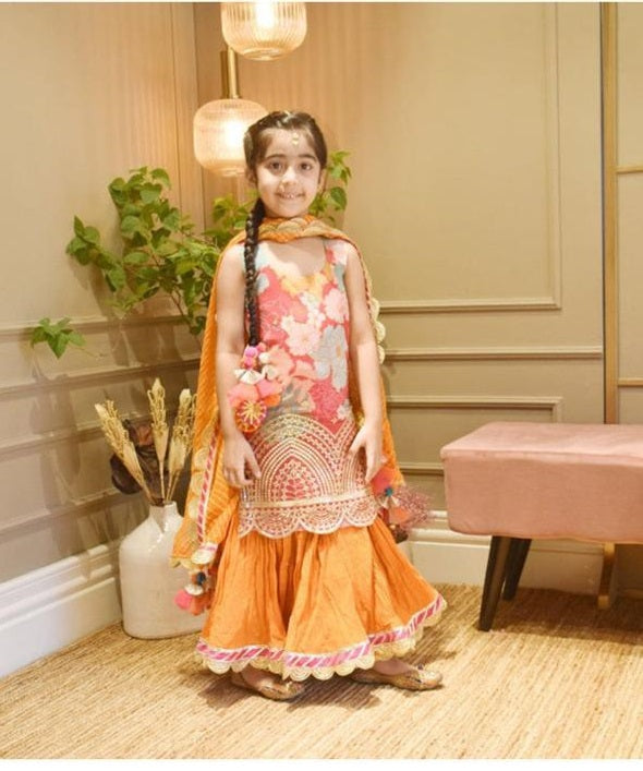 Girls Orange Floral Ethnic Sharara Set | Printed Kurti with Flared Sharara & Dupatta