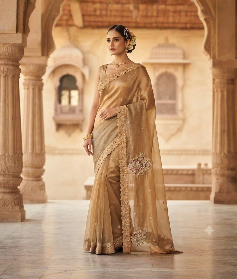 Golden tussar silk saree with zardozi, moti and sequence work