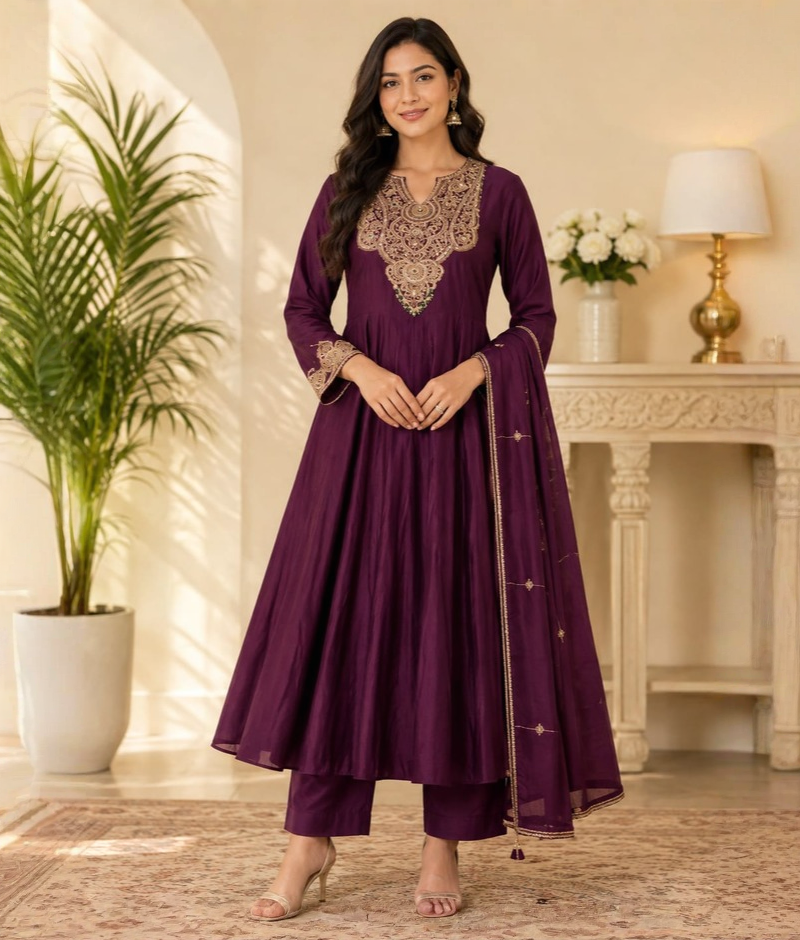Maroon Wine Chanderi Silk Zardozi Work Anarkali with Organza Dupatta – XL