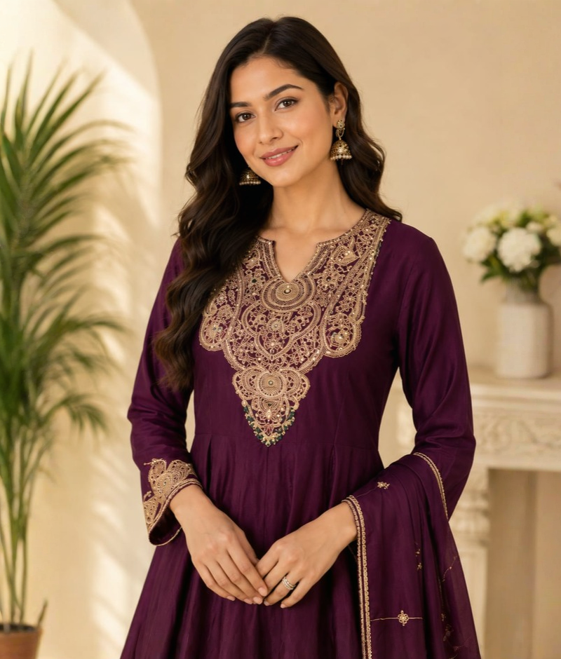 Maroon Wine Chanderi Silk Zardozi Work Anarkali with Organza Dupatta – XL