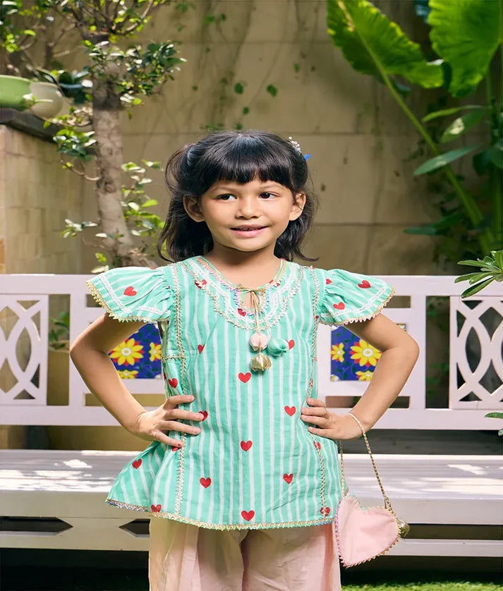 Green Heart & Stripe Printed Kurti with Peach Farshi Salwar