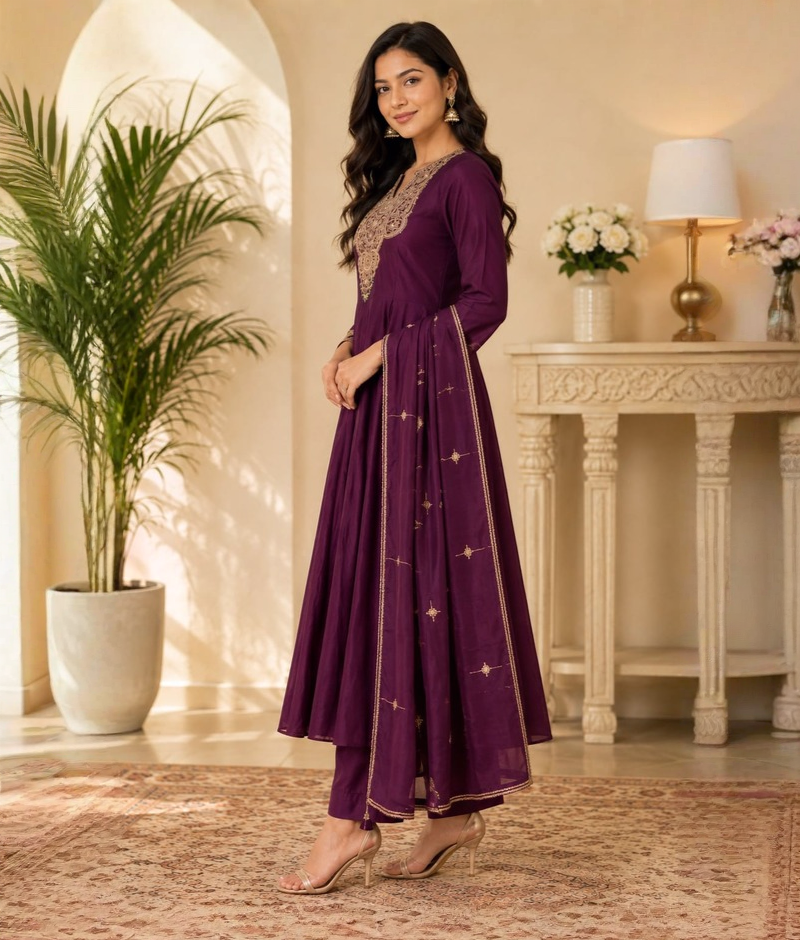 Maroon Wine Chanderi Silk Zardozi Work Anarkali with Organza Dupatta – XL