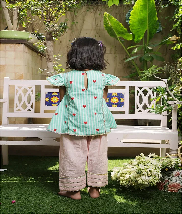 Green Heart & Stripe Printed Kurti with Peach Farshi Salwar