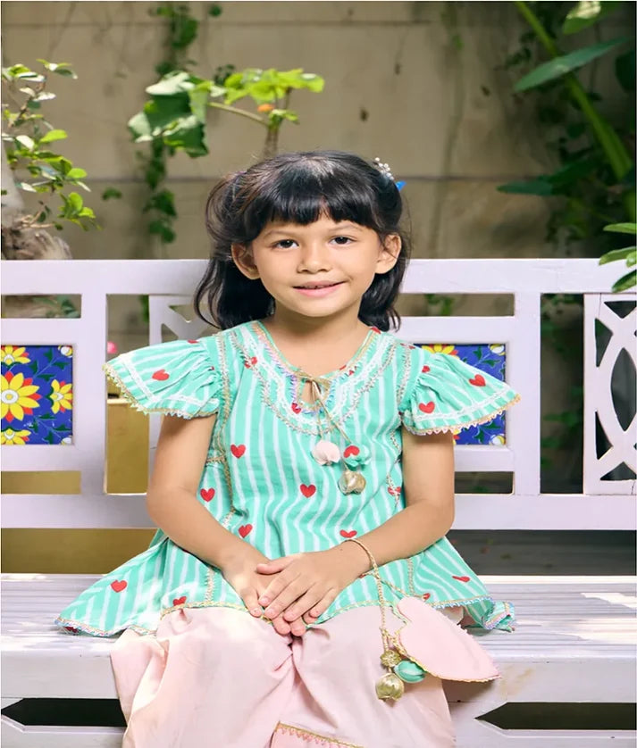 Green Heart & Stripe Printed Kurti with Peach Farshi Salwar