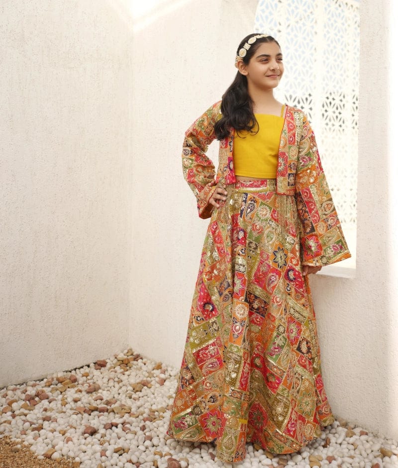 MULTI COLOURED EMBROIDERED CROP TOP SKIRT
