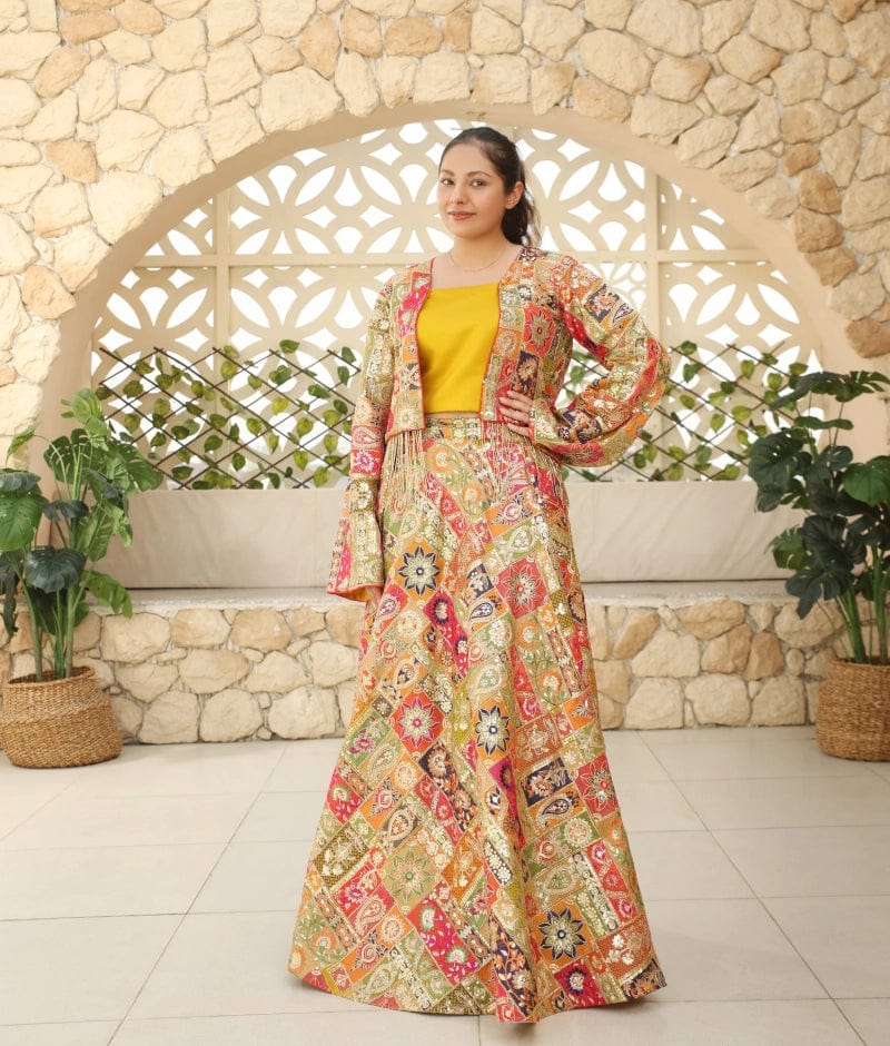 MULTI COLOURED EMBROIDERED CROP TOP SKIRT
