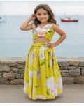 Girls Yellow Floral Co-Ord Set | Printed Crop Top & Flared Long Skirt with Flower Detail