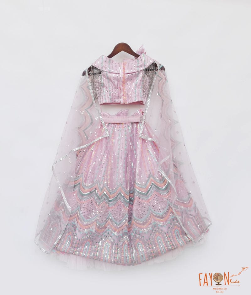 PINK SEQUENCE EMBROIDERY CROP TOP SKIRT
