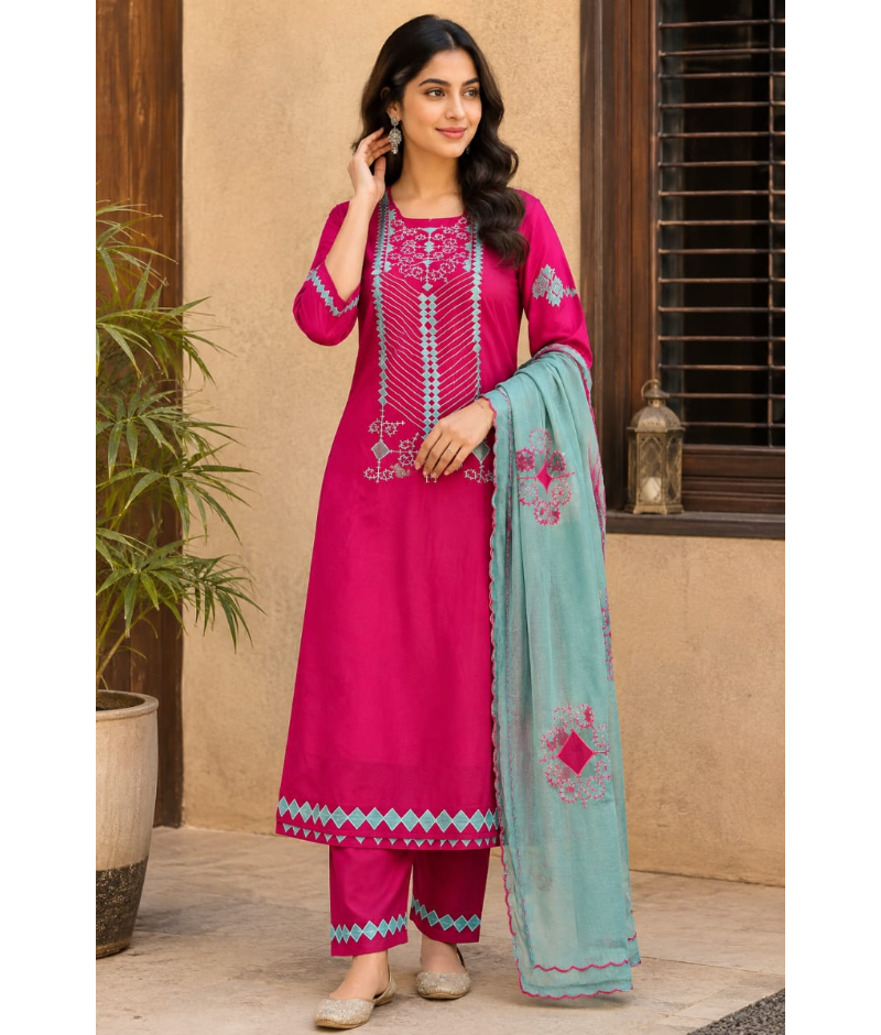 Pink & Teal Pure Chanderi Applique Work Suit Set