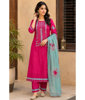 Pink & Teal Pure Chanderi Applique Work Suit Set