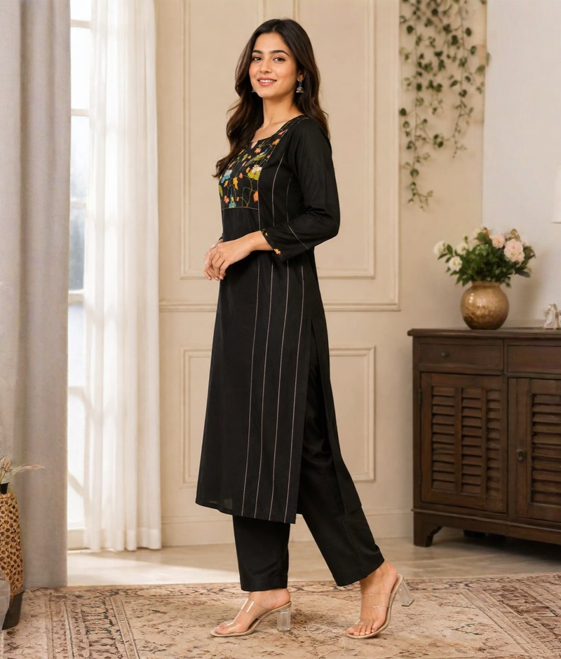 Black Chanderi Silk Yoke Printed & Thread Work Suit