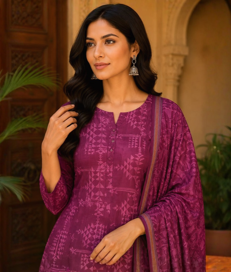 Purple Chanderi Silk Printed Suit with Chanderi Silk Dupatta