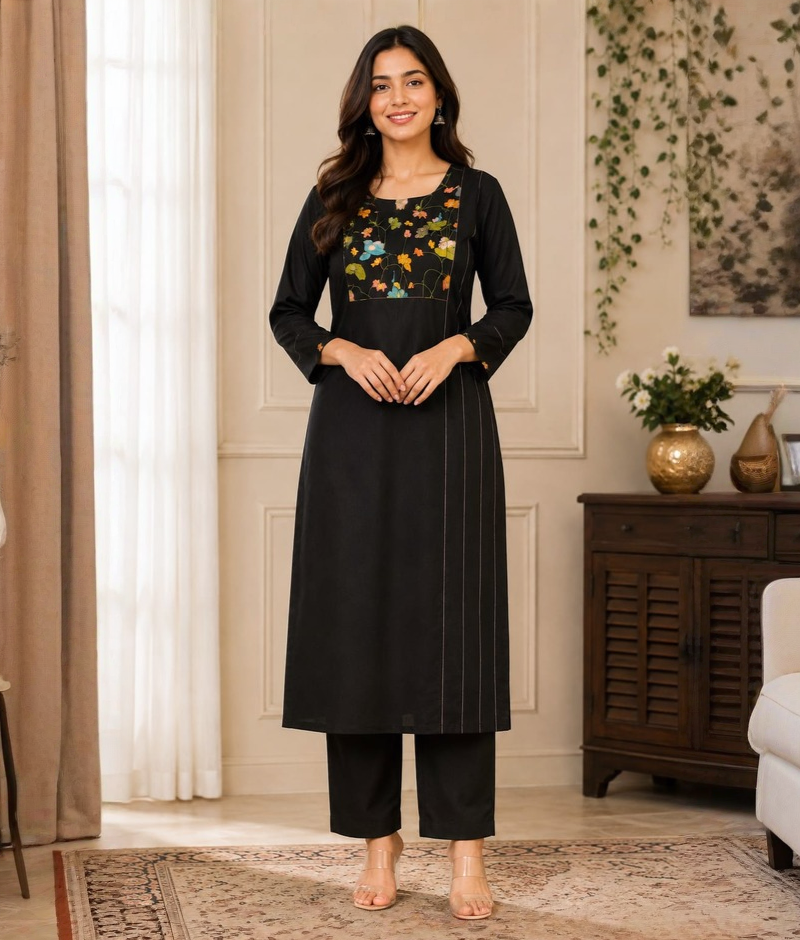 Black Chanderi Silk Yoke Printed & Thread Work Suit