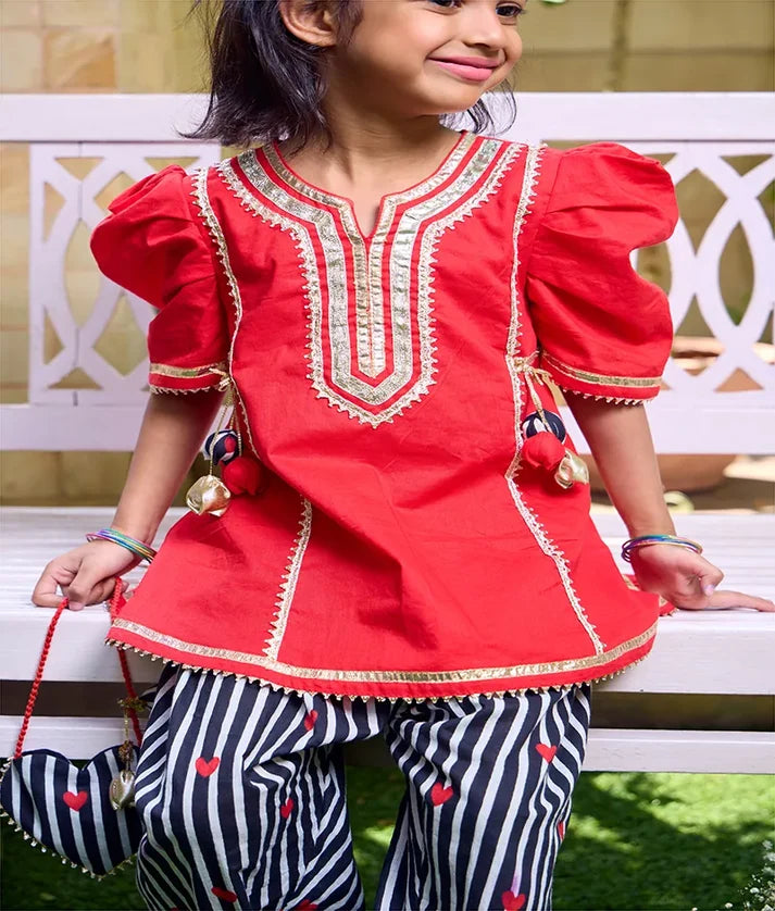 Red Kurti with Heart Printed Farshi Salwar
