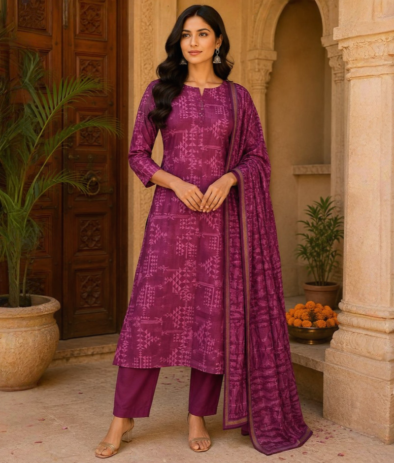 Purple Chanderi Silk Printed Suit with Chanderi Silk Dupatta